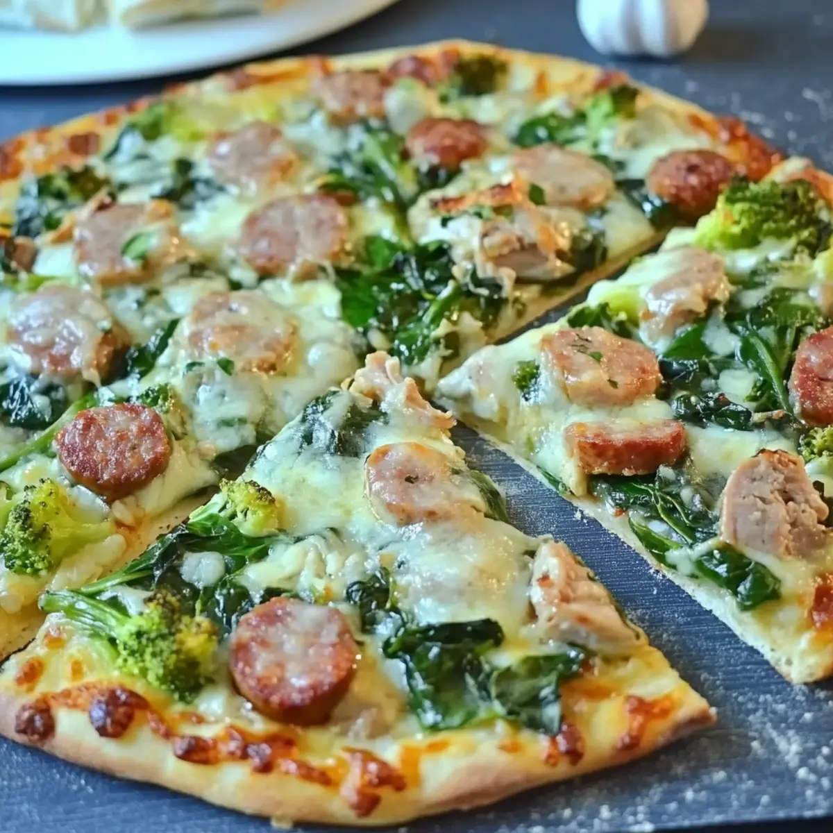 Chicken Sausage and Spinach Pizza with Garlic