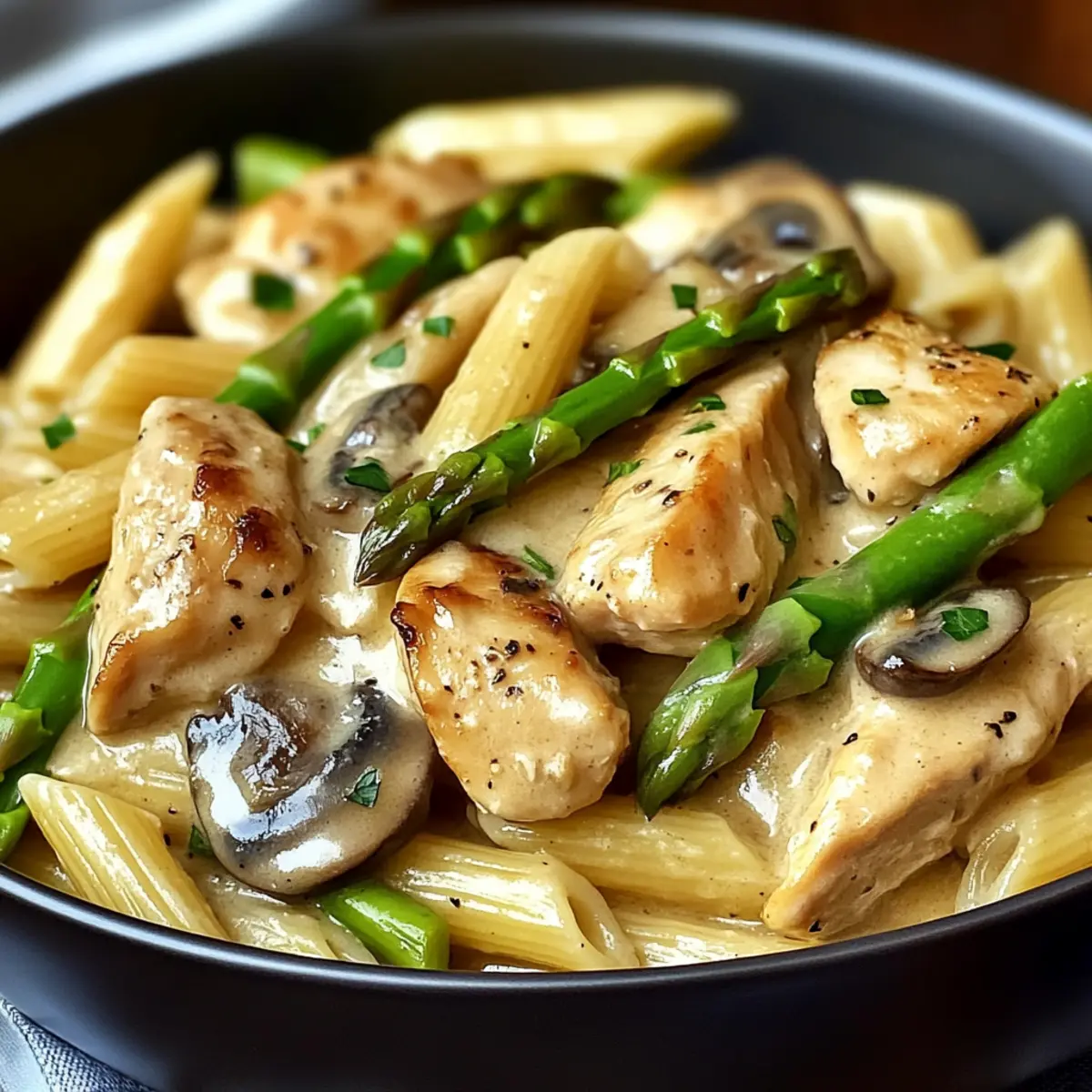 Creamy Mushroom and Asparagus Chicken Penne