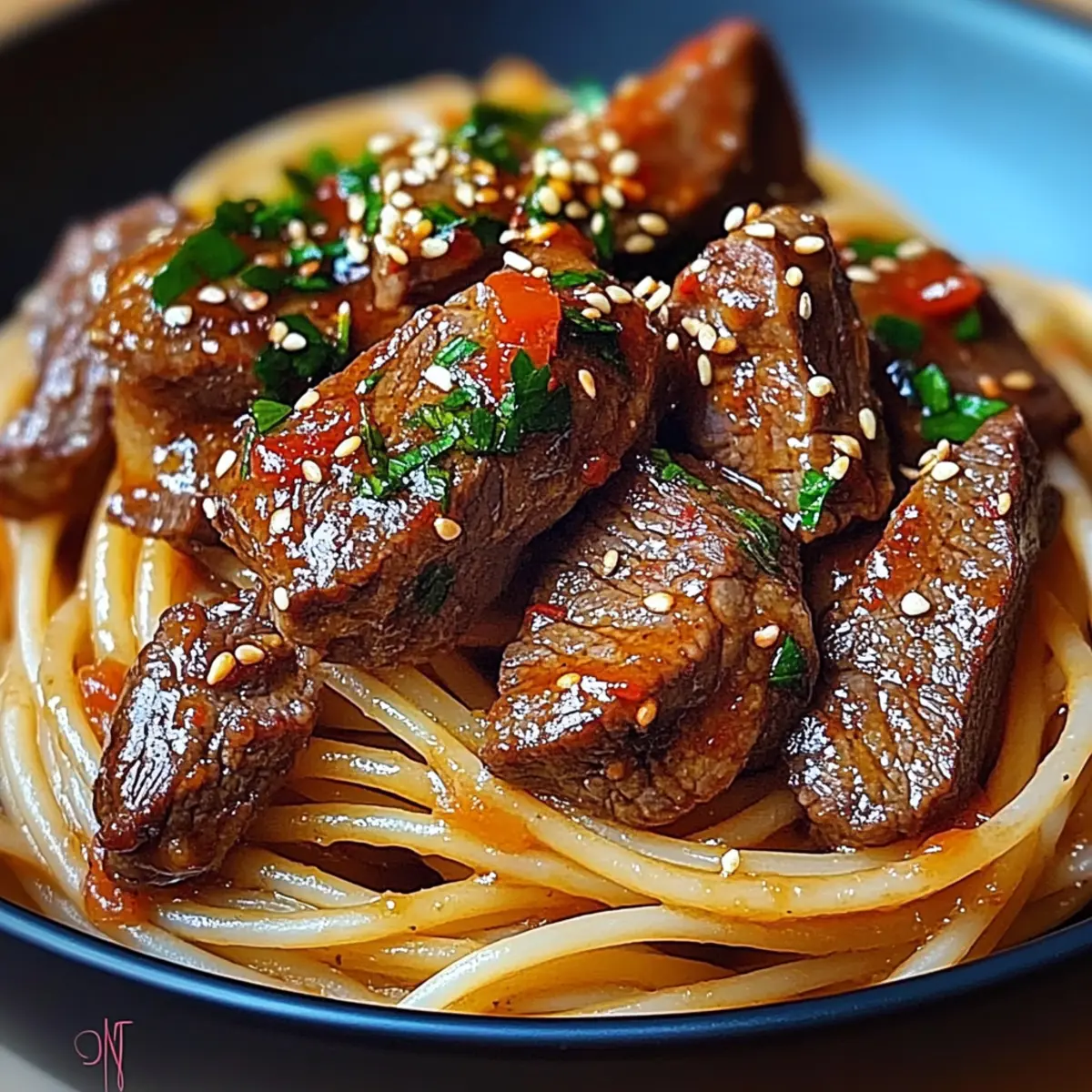Sweet and Spicy Garlic Steak Pasta