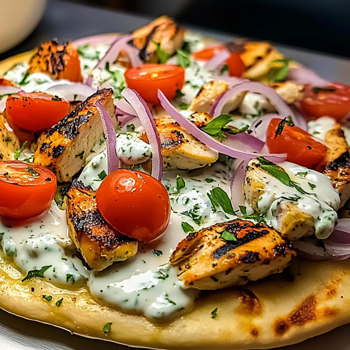 Mediterranean Tzatziki Chicken Naan Pizza